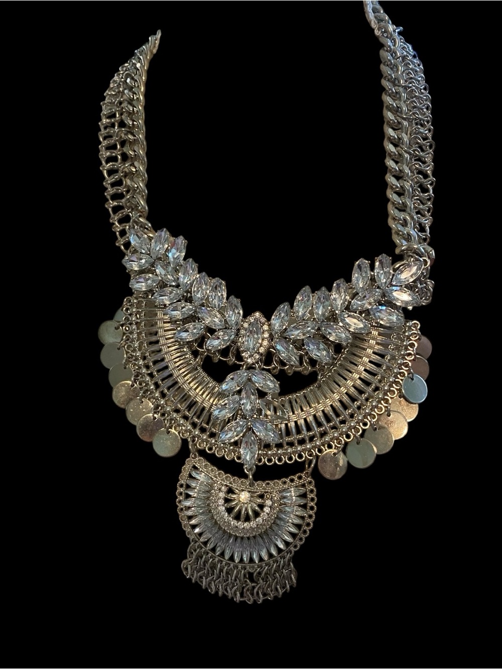 Silver-Tone Crystal Bib Statement Necklace